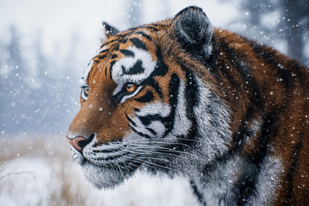 A vivid image capturing a majestic tiger's intense gaze amid a serene, snow-covered wilderness, highlighting its vibrant orange fur against icy silencの写真素材