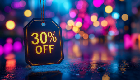 A vibrant discount sign surrounded by a dazzling array of colorful light orbs, capturing a lively...
