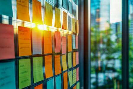 Vibrant notes cling to a glass panel, illuminated by sunlight, offering a lively urban...