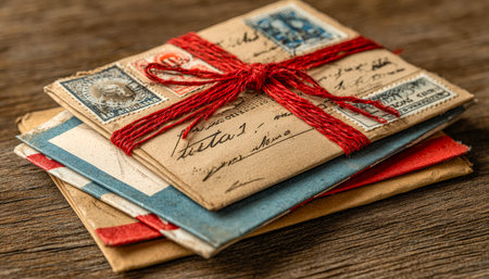 A cozy arrangement of age-old postcards and handwritten notes bound with a vibrant red string on rustic wood, evoking nostalgic charm.の写真素材