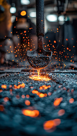 Hot, liquid metal flows from a crucible amid a shower of sparks, illuminating the industrial...