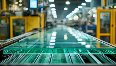 Brightly lit factory scene with a moving belt transporting materials, reflecting efficiency, modernity, and industrial precision.の写真素材