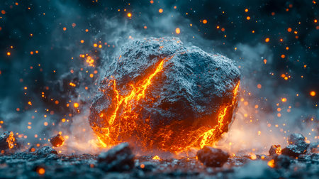 Bright, incandescent lava oozes from the volcano's vent, illuminating fiery bursts and shimmering...