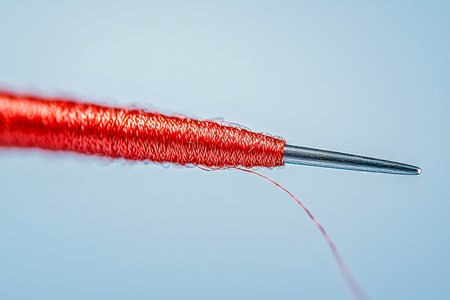 A detailed macro shot highlighting a slender sewing needle entwined with vibrant red thread, set against a smooth pastel blue backdrop.の写真素材