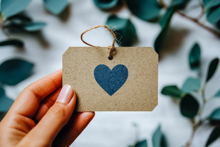 A gentle hand presents a rustic paper tag adorned with a vibrant blue heart, set amidst lush green...