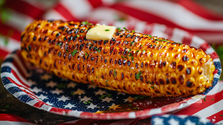 Juicy grilled corn gleams with melting butter, nestled on a vibrant red, white, and blue plate,...