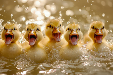 Playful yellow ducklings frolic together, creating splashes with joyful expressions amid clear water, capturing a lively, heartwarming scene.の写真素材