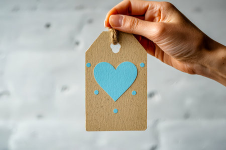 A person gently pinches a small, colorful paper tag featuring a blue heart and playful dotted...