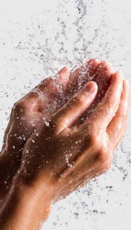 Close-up of hands rinsing under streaming water, creating lively splashes and droplets, emphasizing...
