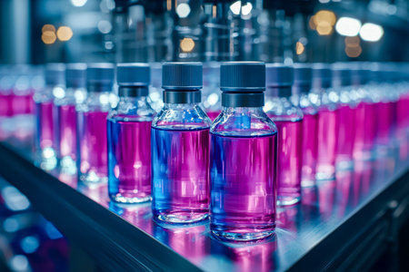 Vibrant vials showcasing bright liquids line a sleek manufacturing setup, highlighting precision and modern technology in chemical processing.の写真素材