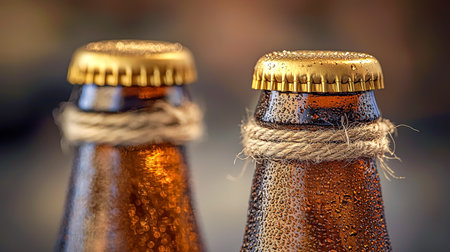 Close-up of chilled beer bottles covered in tiny water beads, adorned with rustic twine, evoking a refreshing, rustic summer vibe.の写真素材