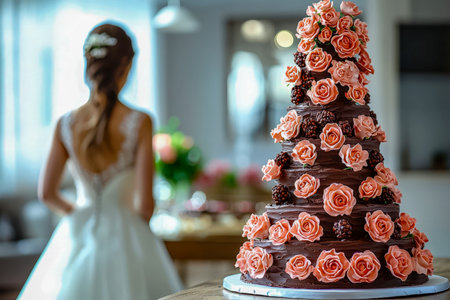 A luxurious multi-tiered cake adorned with blush pink roses and glossy blackberries, perfect for creating a romantic, sophisticated wedding ambiance.の写真素材