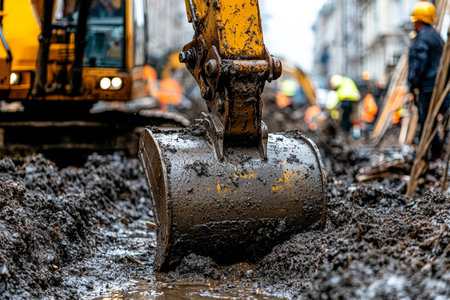 A heavy-duty excavator maneuvers through slick, muddy city streets during infrastructure upgrades,...