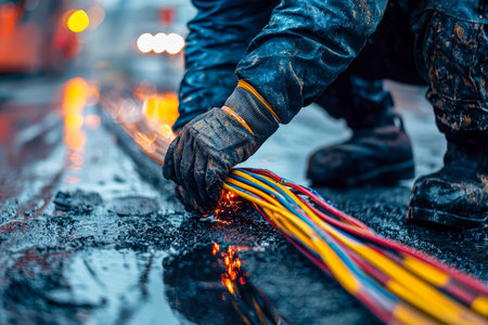 A technician lays vibrant electrical wires onto slick pavement under dark skies, illuminated by...