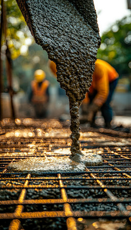 Freshly poured liquid concrete flows onto a bustling construction site, with workers overseeing the...