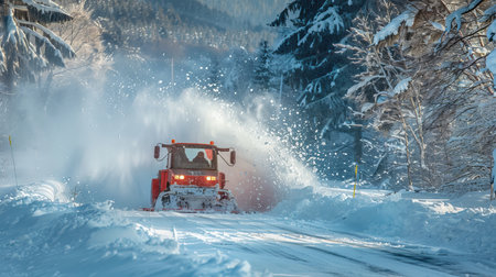 Efficient snow blower vehicle clears heavy snow to maintain winter roads during snowy seasonsの写真素材