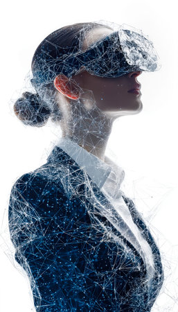 A woman immersed in a virtual environment with a futuristic digital network glow, embodying the...