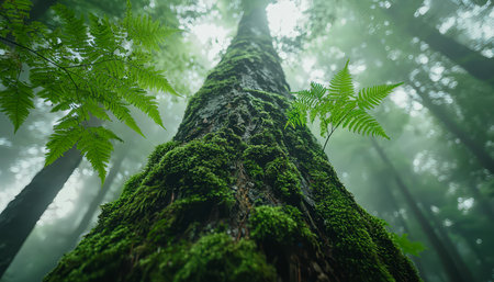 Vibrant green moss blankets the textured bark of a towering tree amid dense foliage, evoking serenity and the secrets of untouched woodland.の写真素材