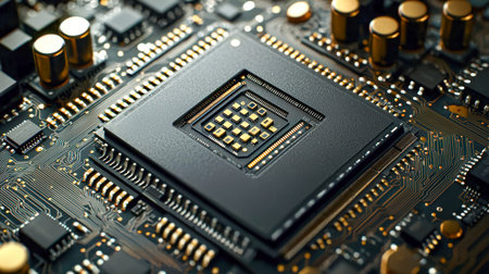 A detailed view of a sleek central processing unit embedded in a vibrant green circuit board,...