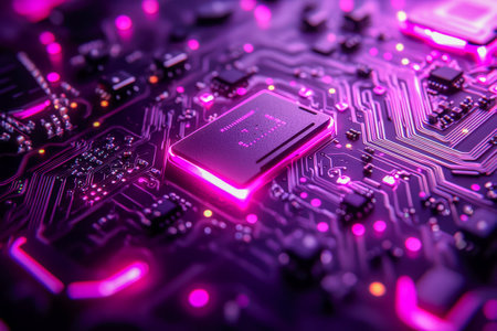 A detailed view of a high-tech circuit board showcasing a central processing unit illuminated by vibrant pink and purple led accents, evoking futuristの写真素材
