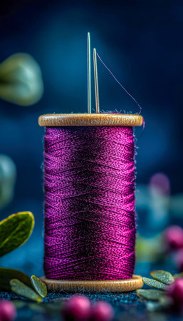 A detailed view of a vibrant purple thread spool intertwined with shiny sewing needles against...