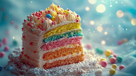 A vibrant, multi-tiered dessert adorned with colorful sprinkles and fluffy whipped cream rosettes,...