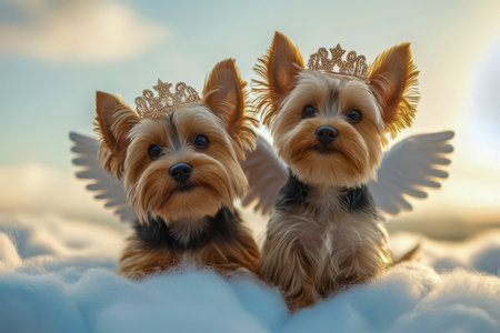 Two tiny Yorkshire Terrier pups with golden fur, adorned with shimmering crowns and soft wings, rest peacefully atop fluffy clouds under a pastel sky.の写真素材