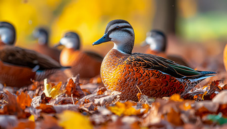 Brightly plumed ducks lounge on a bed of vivid fall foliage, creating a peaceful scene amid a serene outdoor woodland backdrop.の写真素材