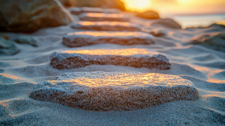 Warm sunset casts a golden glow over smooth stones arranged on soft sand, evoking tranquility and the gentle rhythm of coastal life.の写真素材