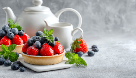 Colorful miniature berry pastries topped with ripe strawberries and blueberries, paired with a sleek...