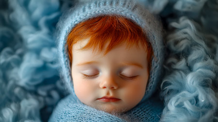 A peaceful young girl with vibrant red hair snuggles in a soft blue blanket and hat, radiating warmth and innocence in a tender, cozy setting.の写真素材