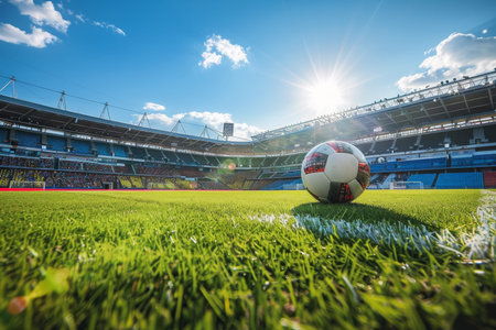 Soccer ball resting on a vibrant and lush green field within the lively ambiance of a soccer stadium