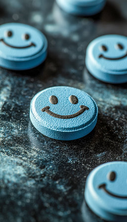 Small, vibrant blue capsules feature cheerful smiling faces, arranged on a rugged dark background, evoking happiness and playful energy.の写真素材