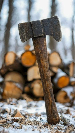 A rustic wooden ax rests among snow-dusted trees with neatly arranged logs nearby, evoking a cozy...