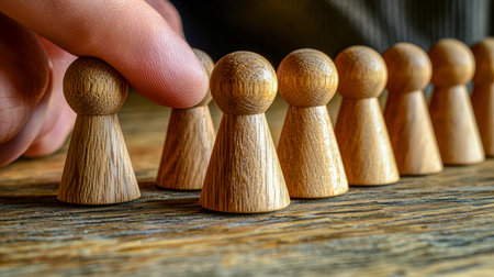 A detailed view of polished natural wood tokens scattered across a rugged wooden tabletop, evoking strategic gameplay and nostalgic ambiance.の写真素材