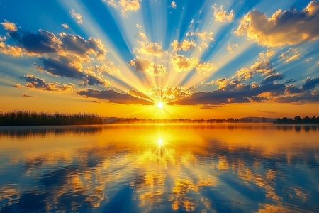 A peaceful dawn unfolds over still waters, with a vivid, fiery sky mirrored perfectly on the lake's glassy surface, evoking serenity and awe.の写真素材