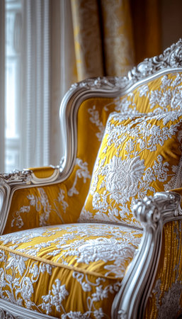 A regal armchair featuring intricate embroidery in sunny yellow and crisp white, set within a sophisticated vintage-inspired interior ambiance.の写真素材