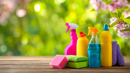 A rustic wooden table displays colorful cleaning tools and textured sponges, contrasting with a...