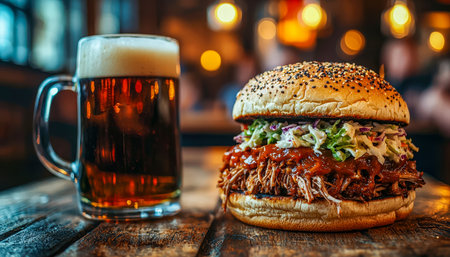 Juicy pulled beef piled high in a crusty bun, paired with a refreshing chilled beer, on a weathered wooden surface for a hearty, rustic vibe.の写真素材