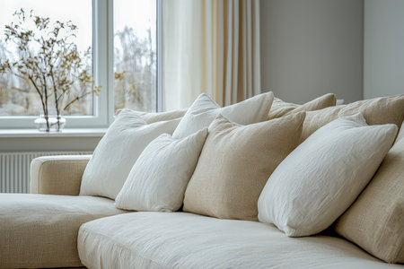 A warm, inviting seating area featuring a plush beige and white sofa adorned with soft pillows, set beside a sunlit window with flowing curtains.の写真素材
