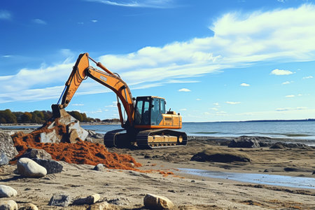 Excavator working in an open-air site, digging up the earth under the wide blue sky