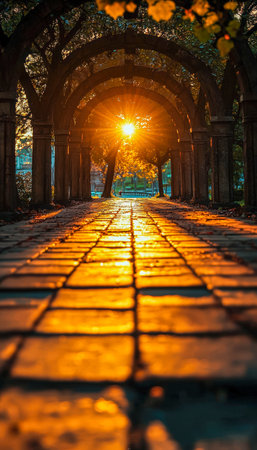 Warm evening glow filters through elegant archways, illuminating a winding garden trail paved with...