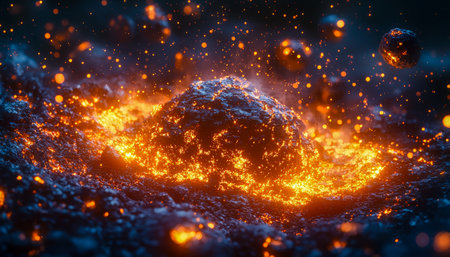 Fiery molten rock cascades down a volcano's edge, spewing sparks and ash into a smoky sky, capturing intense natural power and destructive beautyの写真素材