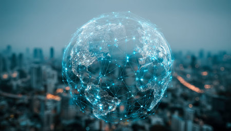 A futuristic digital sphere with glowing data nodes hovering above a vibrant cityscape, symbolizing...