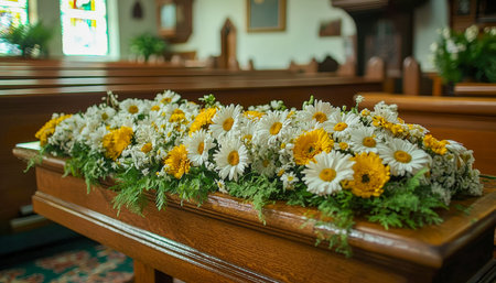 A heartfelt floral tribute featuring daisies and vibrant yellow blooms, gracefully adorning a rustic...