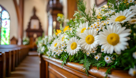 Colorful daisies and wildflowers grace a church interior, creating a bright, romantic atmosphere perfect for a heartfelt celebration.の写真素材