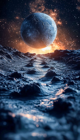 A fantastical lunar scene with rugged ground and a luminous satellite, set beneath a shimmering...