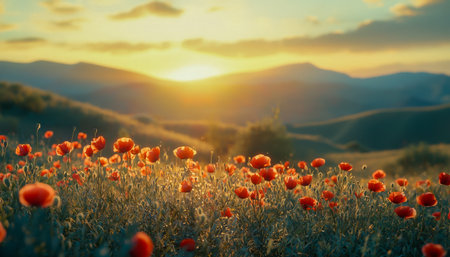 Vibrant blossoms blanket the hillside as warm sunset hues cast a golden glow over gentle hills, creating a peaceful, picturesque landscape.の写真素材