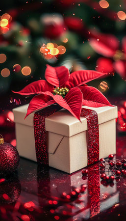 An elegant holiday scene features a wrapped present adorned with a vibrant poinsettia, surrounded by shimmering ornaments on a sleek, reflective blackの写真素材