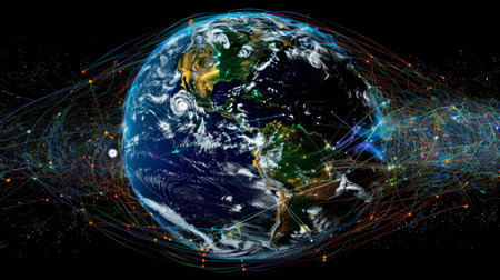 Global innovation network. earth surrounded by advanced perceptron technology lines